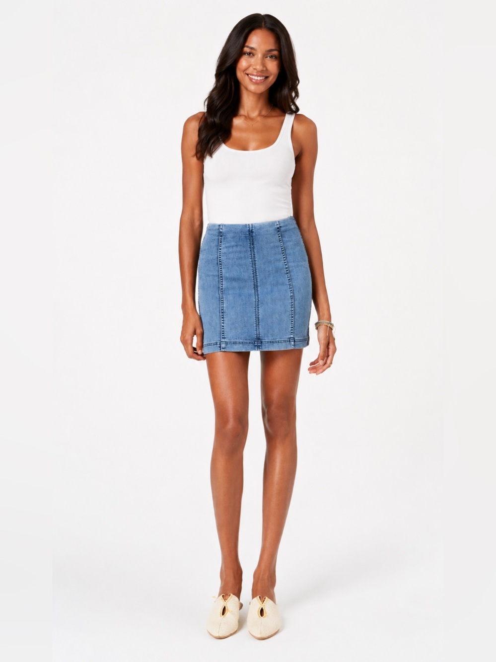 🦋 Free People Denim Mini Skirt Size 4 Blue Stretch Seamed Y2K Boho 🦋